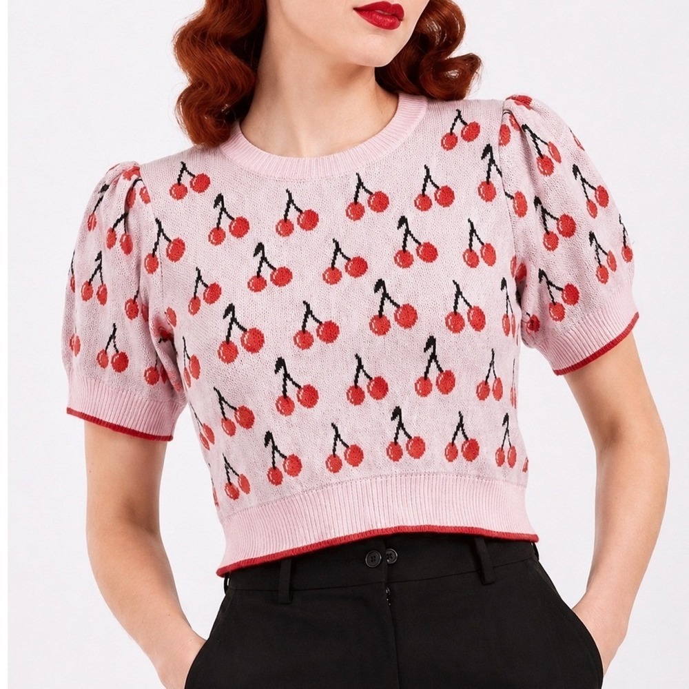 On 34th Pink Cherry Print Puff Sleeve Sweater Top L Pinup Mod Coquette Preppy
